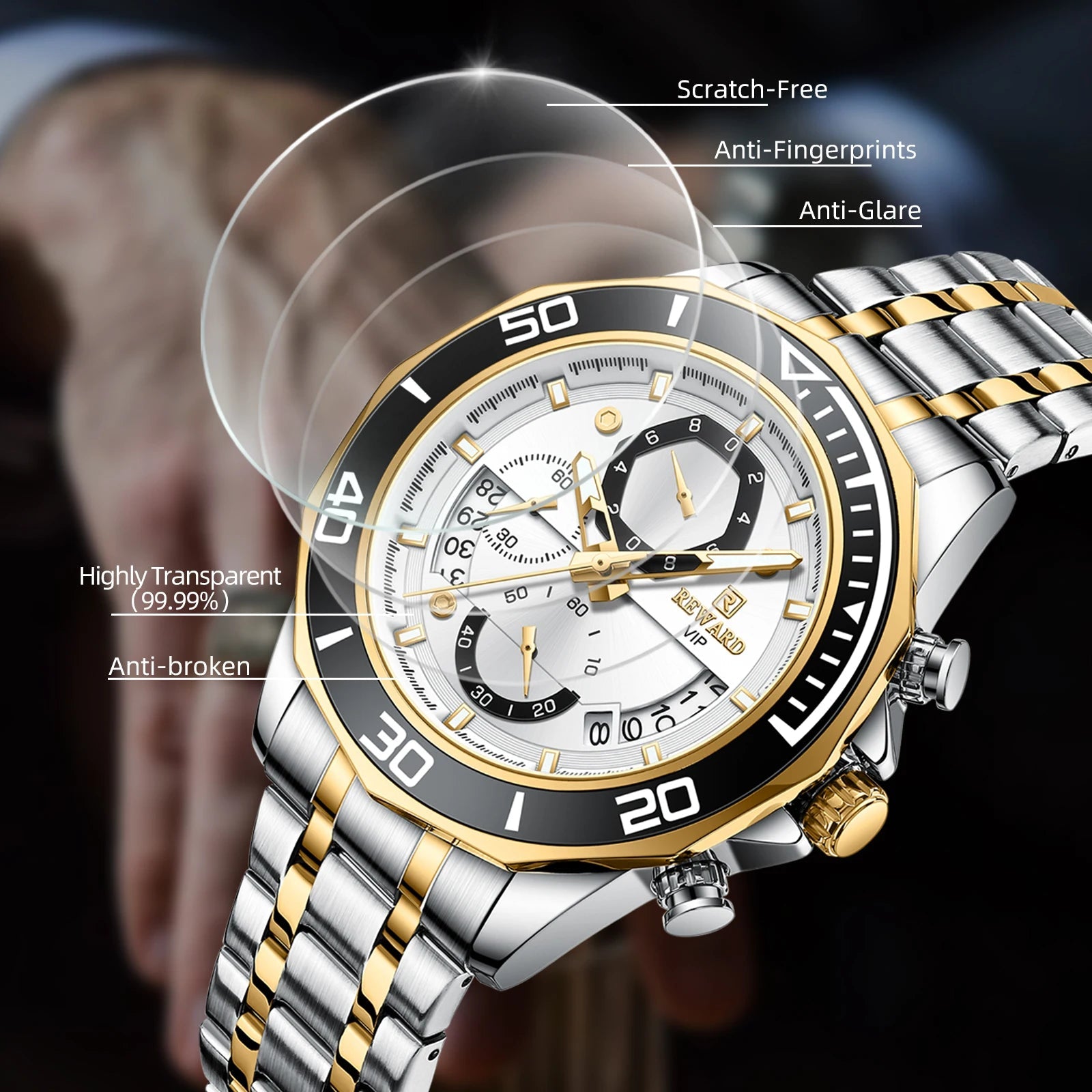 REWARD Mens Watches Fashion Business Stainless Steel Wristwatch Waterproof Luminous Chronograph Calendar Quartz Watches SK Accessories