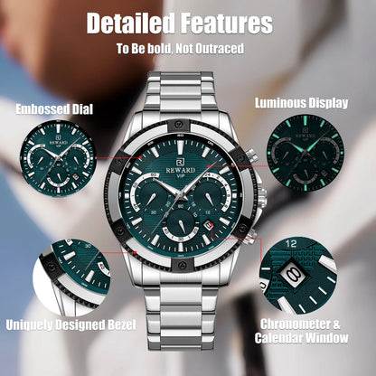 REWARD Casual Watch for Men Luxury Stainless Steel Wristwatch Fashion Quartz Analog Waterproof Luminous Date Mens Wrist Watches SK Accessories