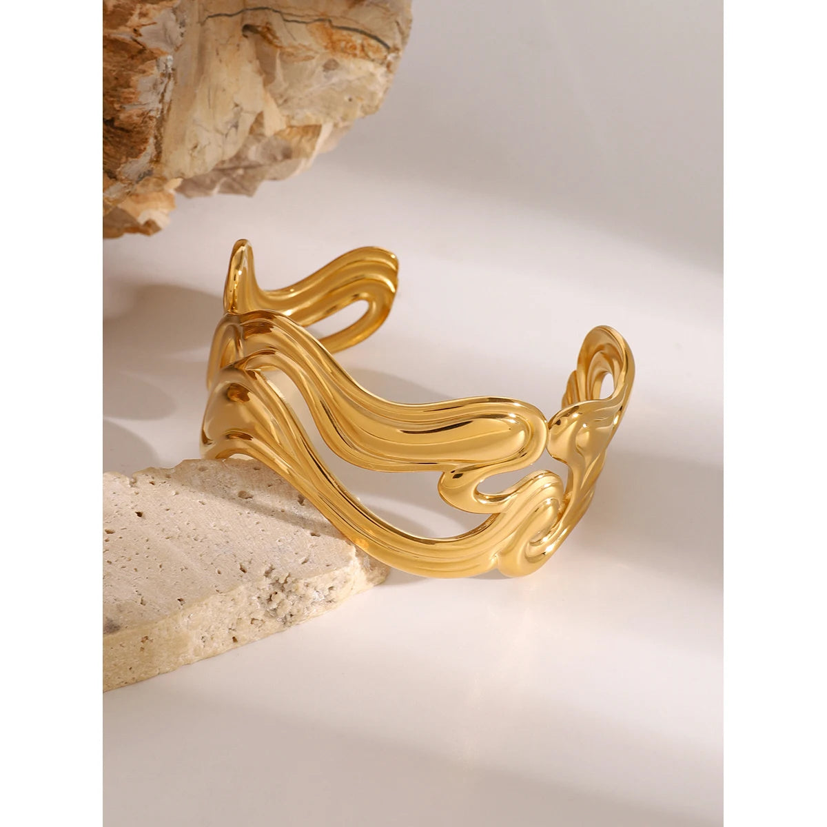 Uworld Waterproof 316l Stainless Steel Irregular Exaggerated Big Cuff Bracelet Bangle Stylish Unique Design Golden Charm SK Accessories