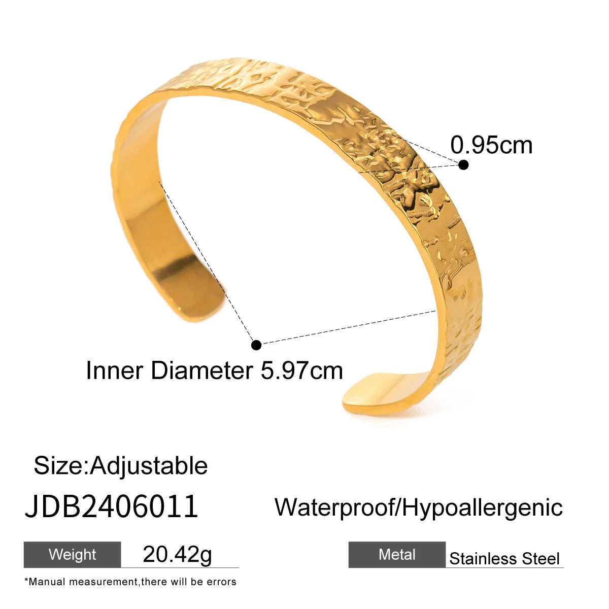Uworld Hammer Pat Waterproof Stainless Steel Metal Cuff Bracelet Bangle Jewelry Fashion Texture 18K PVD Plated Temperament SK Accessories