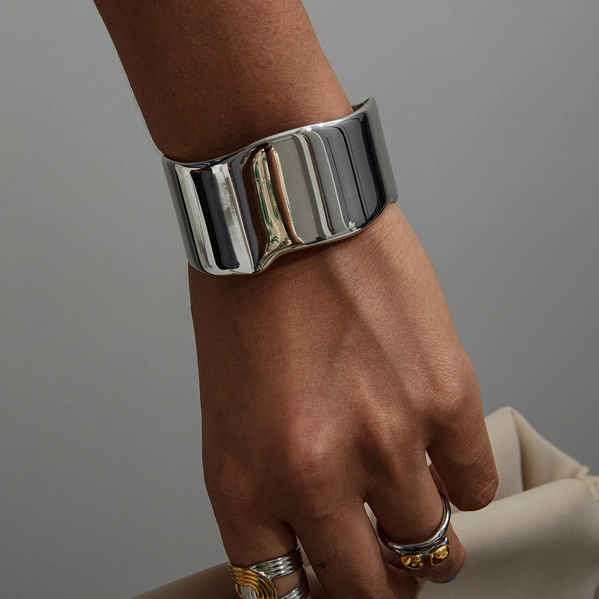 Uworld Minimalist Large Light Stainless Steel Bracelet Wide Side Stackable Bracelet Women's Jewelry Gift for Her SK Accessories