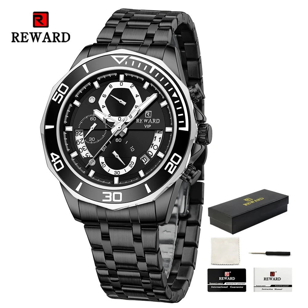 REWARD Mens Watches Fashion Business Stainless Steel Wristwatch Waterproof Luminous Chronograph Calendar Quartz Watches SK Accessories