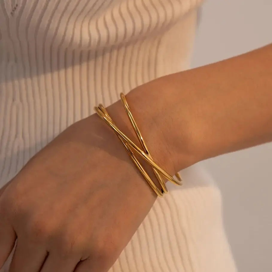 Uworld Stainless Steel Statement Gold Color Cuff Bracelet Bangle Metal Texture Multi-Layer Temperament Fashion Waterproof Jewelr SK Accessories