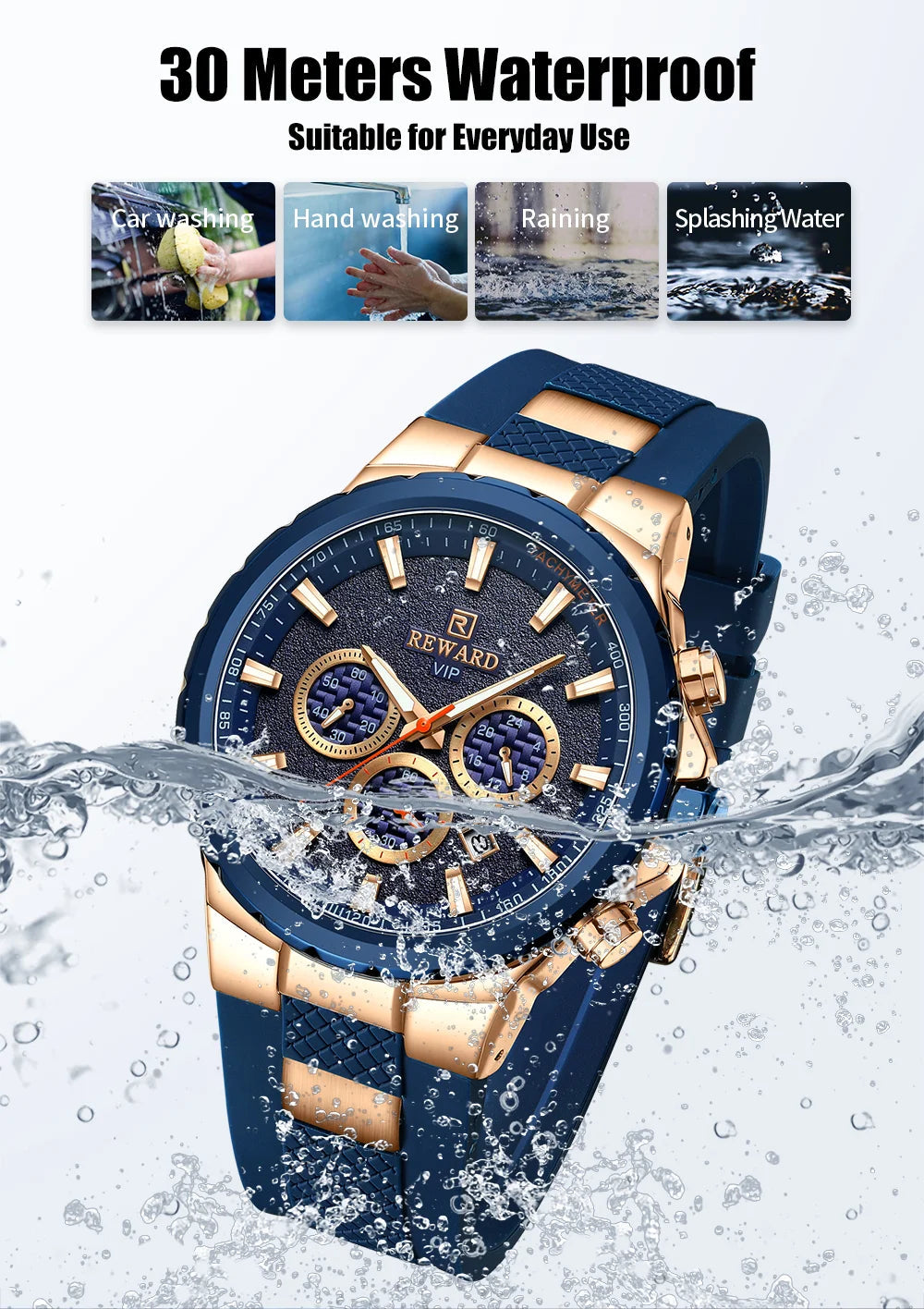 REWARD new fashion men's watch silicone strap chronograph 3bar waterproof sport quartz watch for men SK Accessories