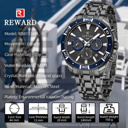 REWARD Mens Watches Waterproof  Luminous Quartz Wristwatch Business Stainless Steel Strap with gift box SK Accessories
