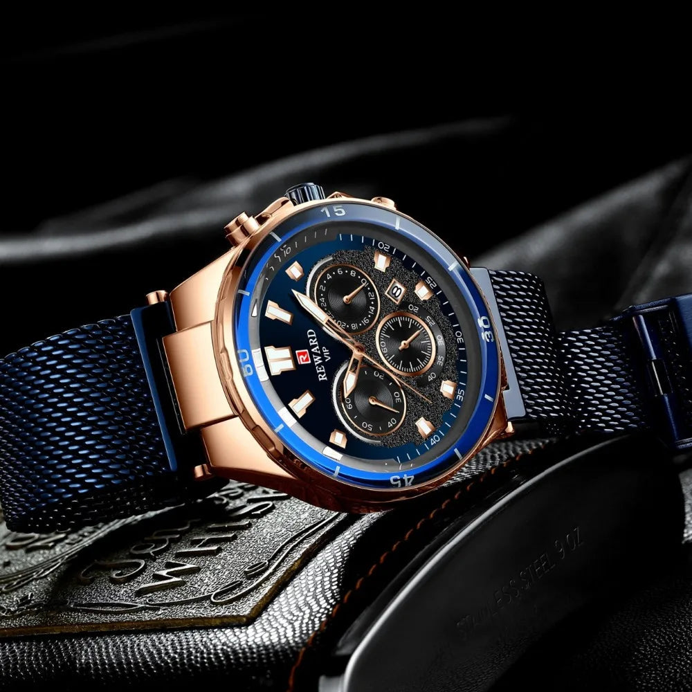 REWARD Casual Sport Chronograph Men's Watches Top Brand Stainless Steel Mesh Belt Quartz Wristwatches Men Waterproof Date Watch SK Accessories