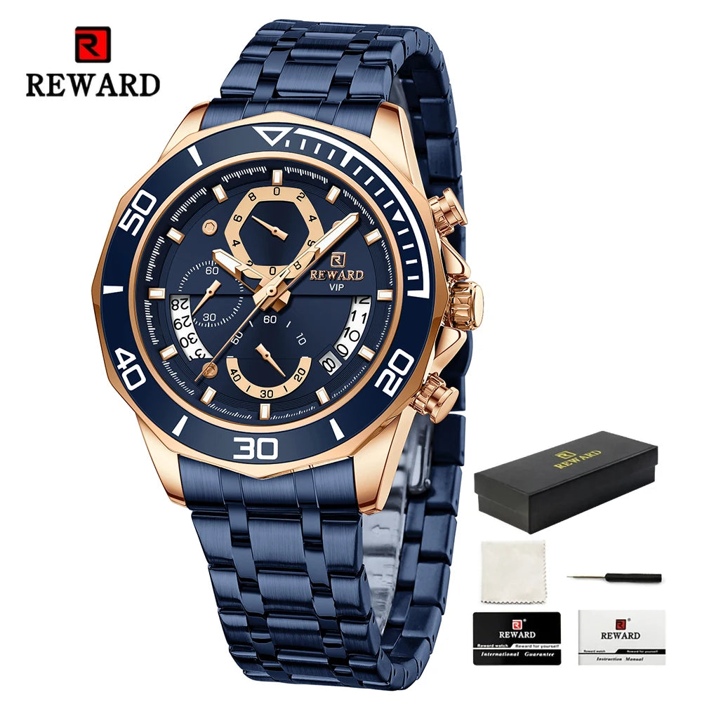 REWARD Mens Watches Fashion Business Stainless Steel Wristwatch Waterproof Luminous Chronograph Calendar Quartz Watches SK Accessories