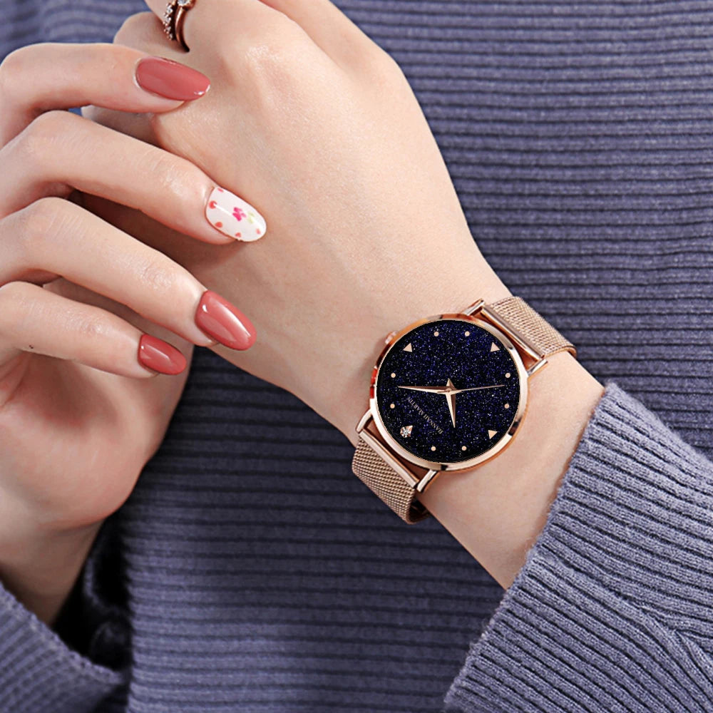 Luxury Women Watch With Fashionable Frosted Dial Japanese Movement Rhinestone Rose Gold Stainless Steel Mesh Strap Women's Watch SK Accessories