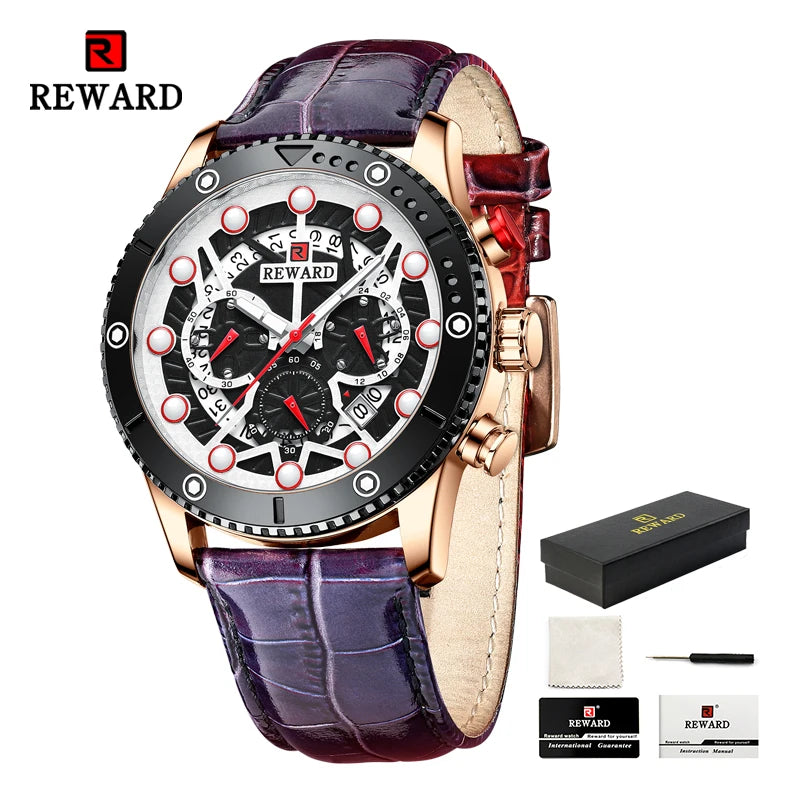 REWARD Fashion Men's Quartz Wristwatch Sport Waterpoof Genuine Leather Alloy Watches Chronograph Luminous Man Wrist Watches SK Accessories