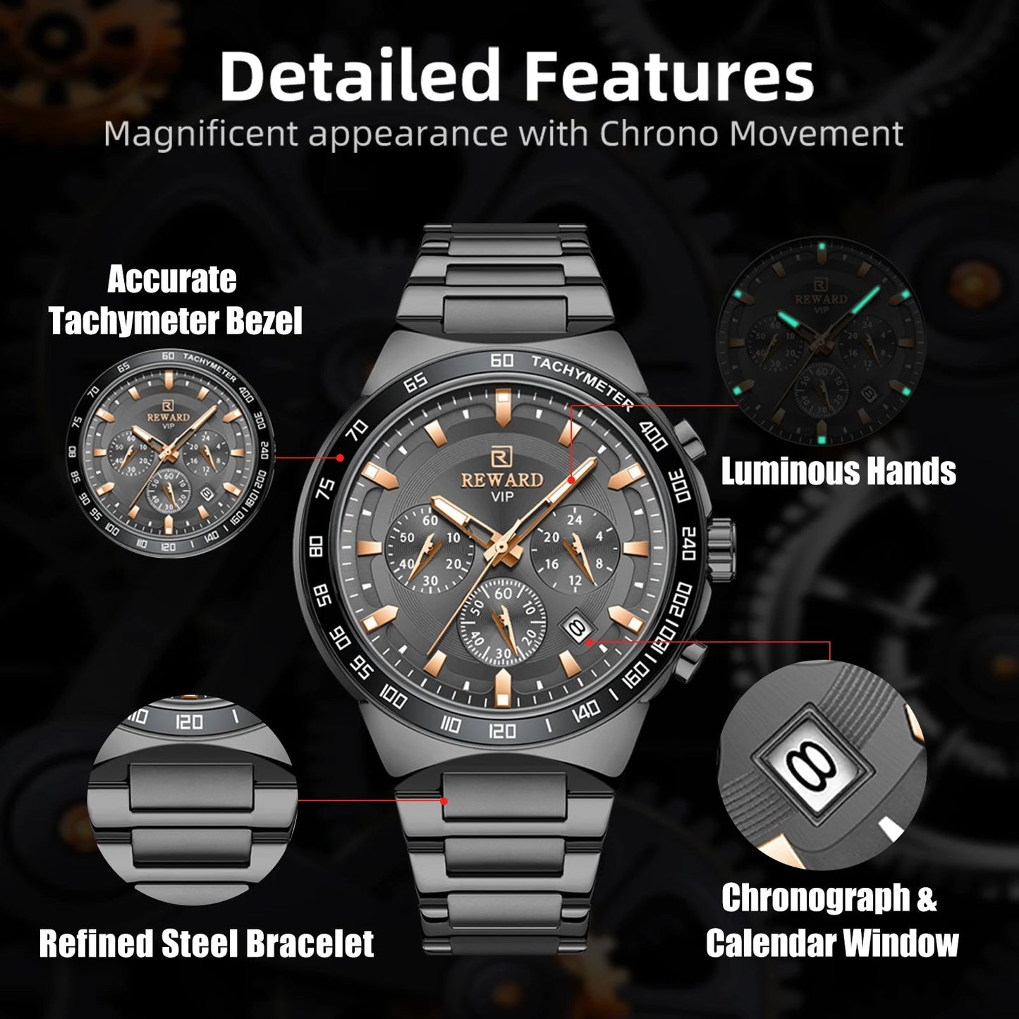 REWARD Men Watches Stainless Steel Wrist Watch Quartz Analog Waterproof Luminous Date Wrist Watch Luxury Casual Watch for Men SK Accessories