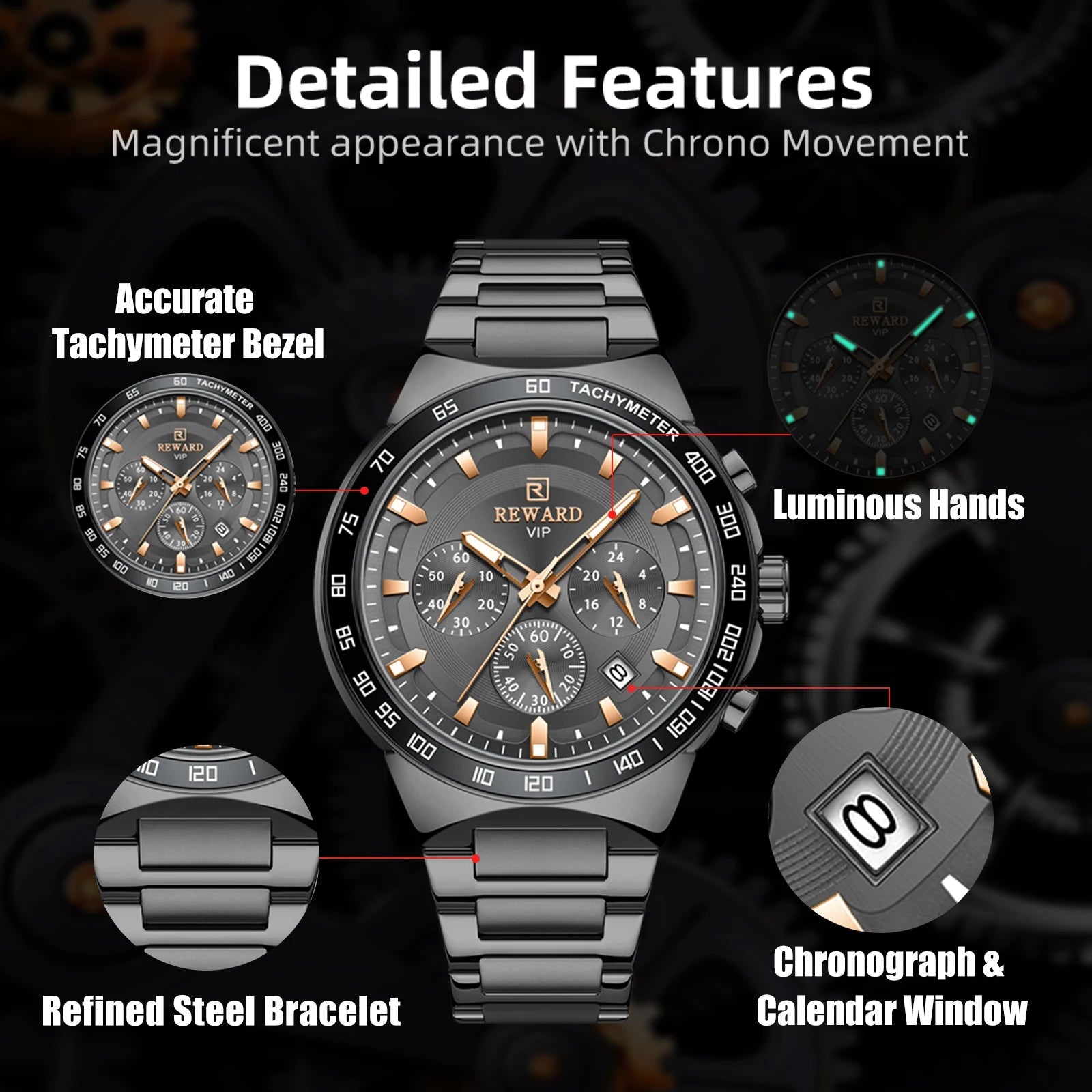 REWARD Men Watches Stainless Steel Wrist Watch Quartz Analog Waterproof Luminous Date Wrist Watch Luxury Casual Watch for Men SK Accessories