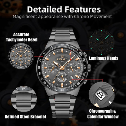 REWARD Men Watches Stainless Steel Wrist Watch Quartz Analog Waterproof Luminous Date Wrist Watch Luxury Casual Watch for Men SK Accessories