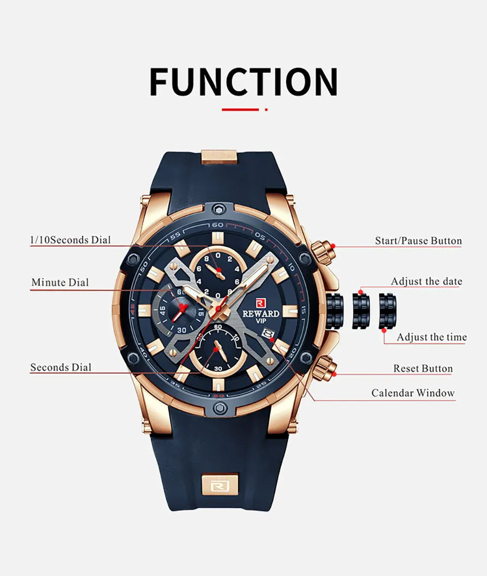 REWARD New Quartz Watches for Men Luxury Brand Big Dial Watch Waterproof Sport Wristwatch Silicone Band Chronograph Clock SK Accessories