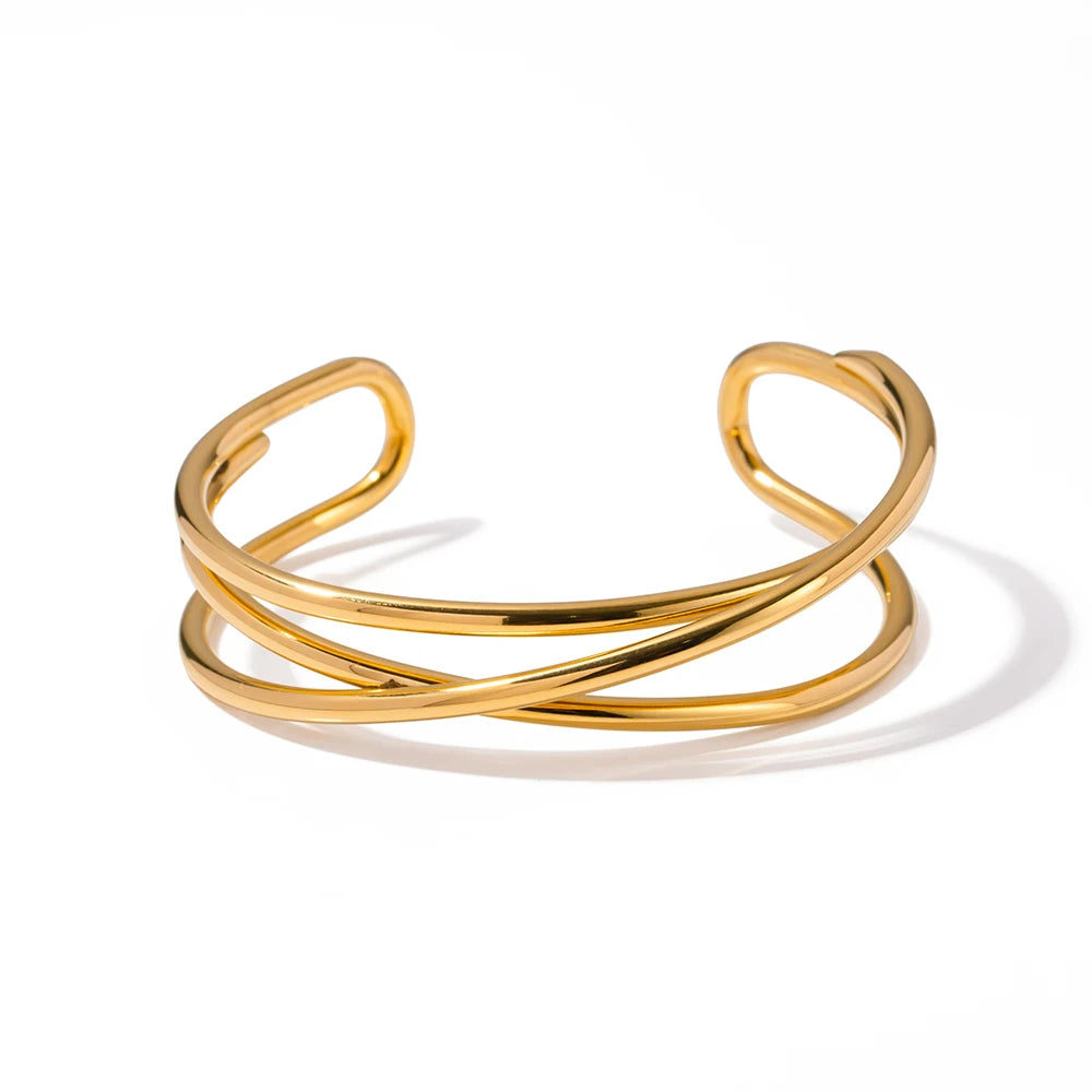 Uworld Stainless Steel Statement Gold Color Cuff Bracelet Bangle Metal Texture Multi-Layer Temperament Fashion Waterproof Jewelr SK Accessories
