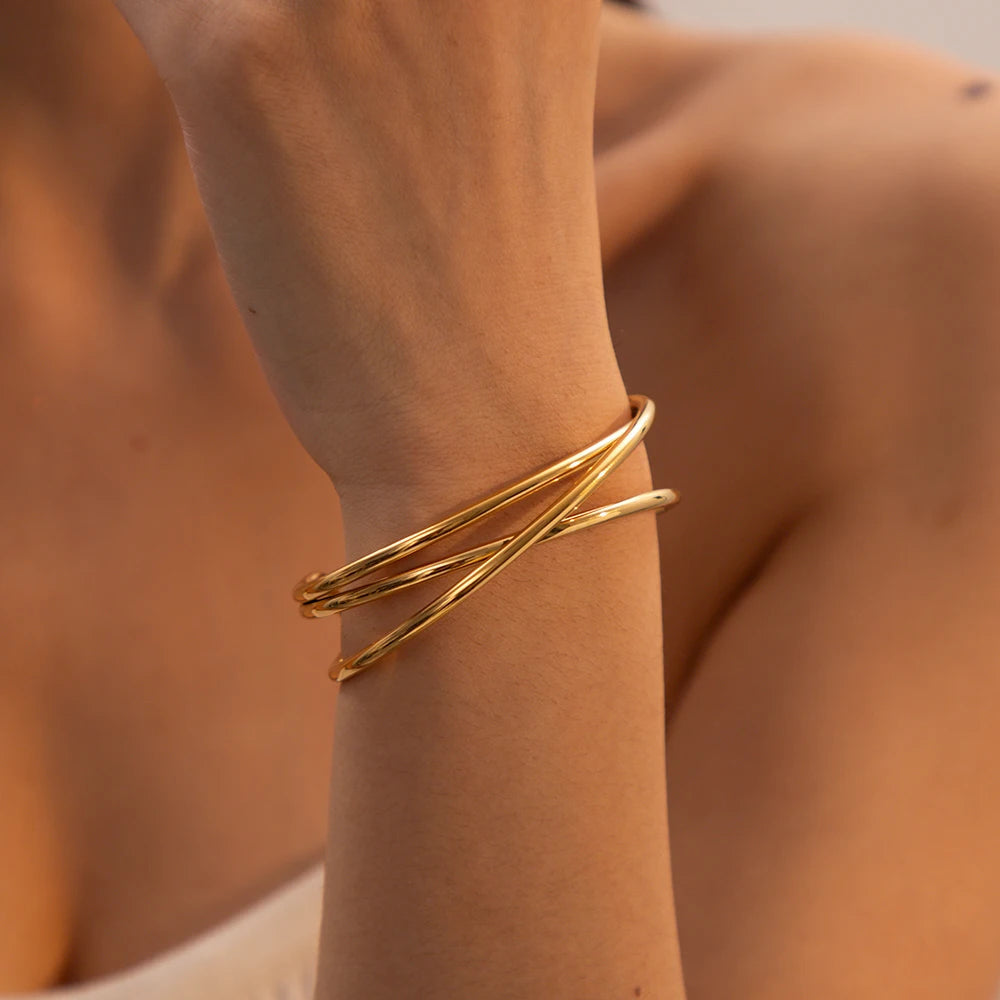 Uworld Stainless Steel Statement Gold Color Cuff Bracelet Bangle Metal Texture Multi-Layer Temperament Fashion Waterproof Jewelr SK Accessories